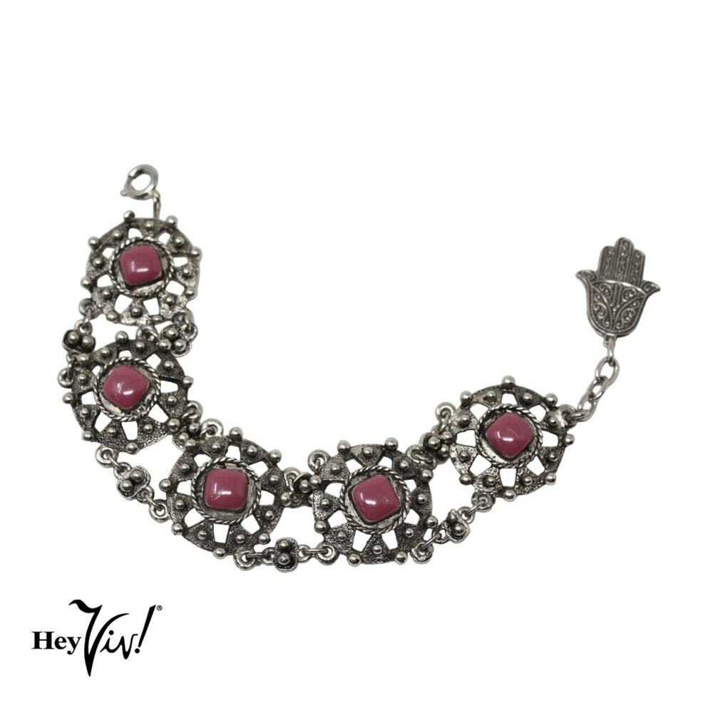 Vintage Morocco Bracelet Pink Cabochon Hamsa Souvenir du Maroc 8" - Hey Viv